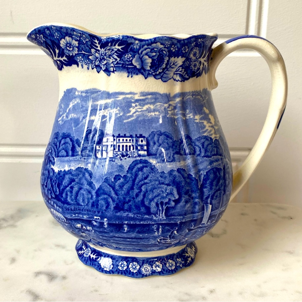 Vintage Palissy Pottery Blue White Ceramic China Picture Jug Modern Heritage